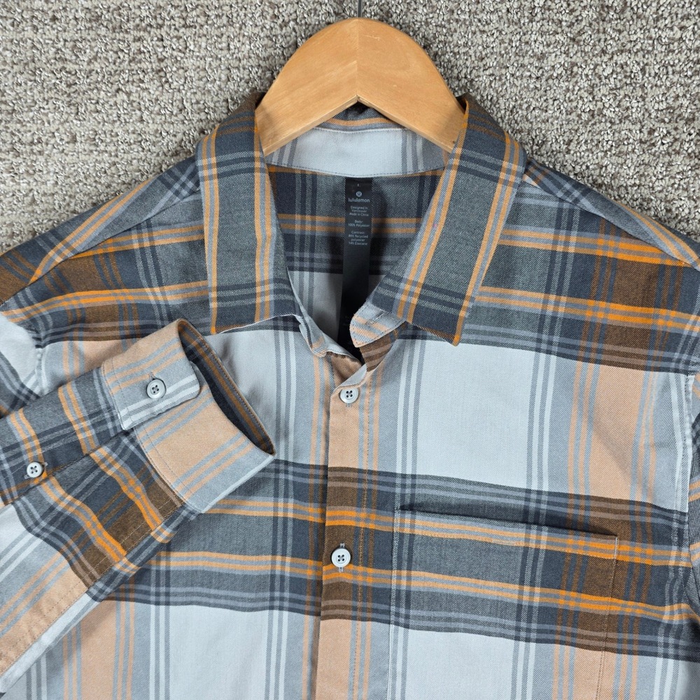 Lululemon Mens Mason Peak Long Sleeve Flannel Shirt Plaid Orange Grey Size L